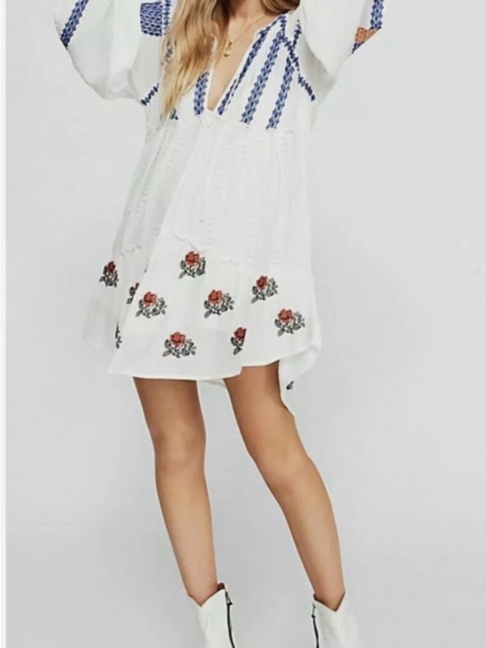 Free People Wild Horses White Mini Dress with Navy Embroidery - Picture 2 of 10